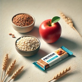 DALL·E 2024-10-16 15.09.25 - A small realistic image representing quality over quantity in a healthy diet. The scene shows a fresh apple, a bowl of whole grains, and a protein b v malé velikosti